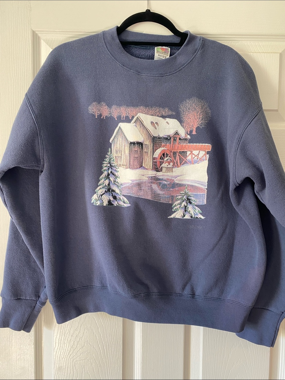 Vintage Fruit of the Loom Blue Crewneck Sweatshirt with Winter Mill Graphic